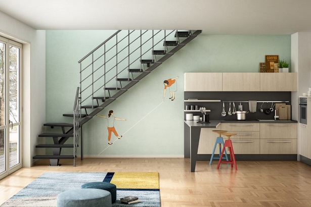 L型 踏板:ブラック 支柱:ブラック 手すり:横桟あり(INOX製050)