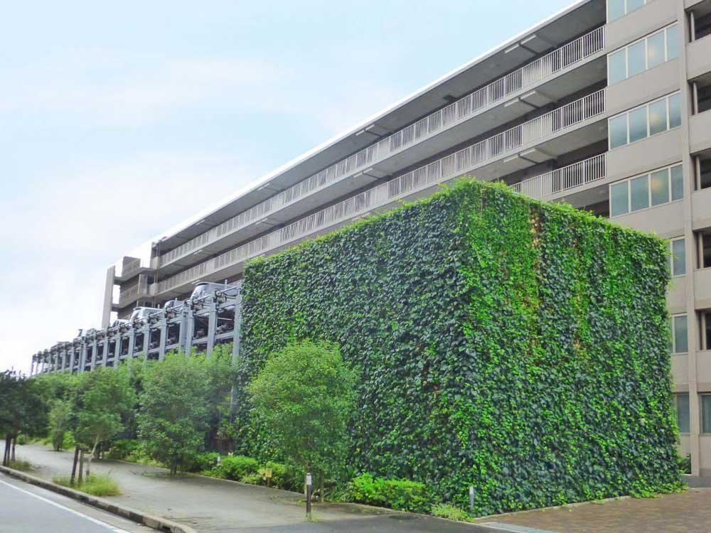 つる植物を用いた壁面緑化工法ヘデラ登ハンシステム「ツルパワーパネル」