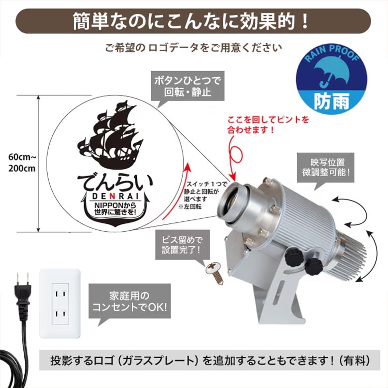 お店の看板、ロゴマークを簡単に照射!光の看板!