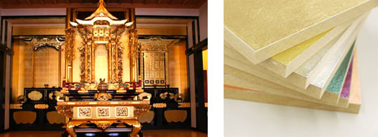 左:寺院施工例 右:箔押し見本帳