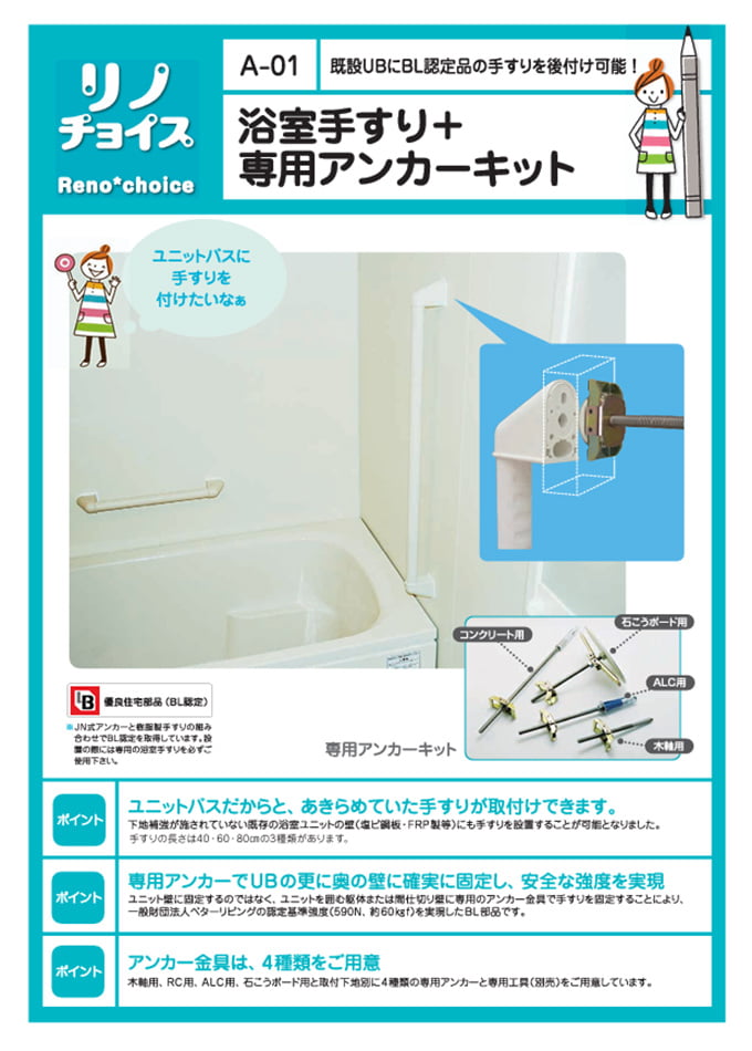 リノAQUA 浴室手すり+専用アンカーキット(A-01)