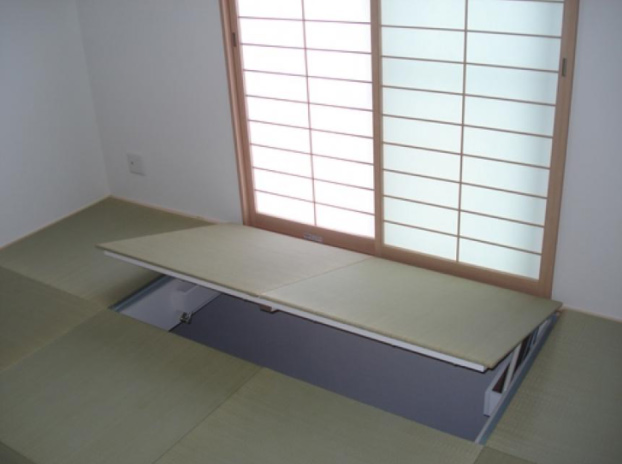 ガスダンパー式大型畳下開口ハッチ(半帖畳専用)/アルミ製床下昇降ステップ