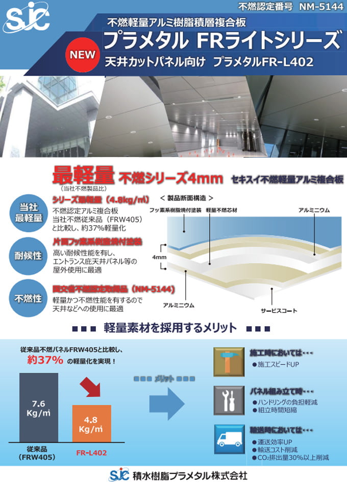 不燃軽量アルミ樹脂積層複合板 天井パネル向け FR-L402